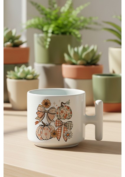 Sonbahar Teması Pumpkin Couqette Baskılı Hediyelik T Kulplu Latte Fincanı Kupa Bardak