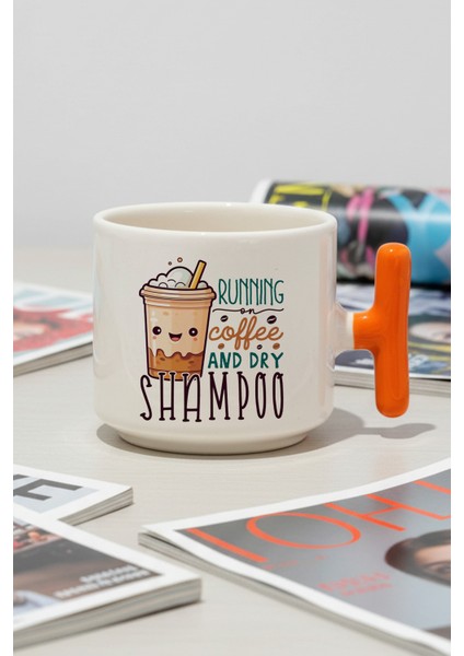 Running On Coffee Baskılı Turuncu Renkli T Kulplu Latte Fincanı Kupa