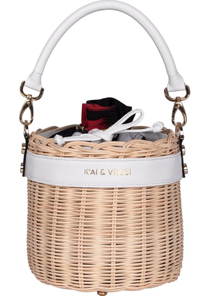 Okordule - Beyaz Deri Renkli Çizgili El Çantası