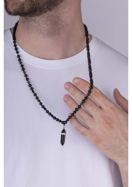 Oniks Taşlı Yuvarlak Kare Kesim Doğal Taş Erkek Kolye