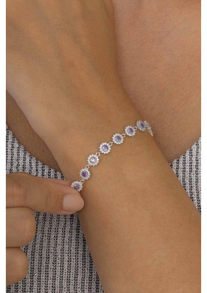 Mor Taşlı Güneş Model Sıralı Tamtur Kadın Gümüş Bileklik