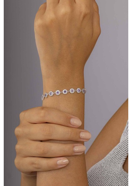 Mor Taşlı Güneş Model Sıralı Tamtur Kadın Gümüş Bileklik fiyatları