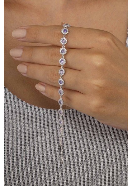 Mor Taşlı Güneş Model Sıralı Tamtur Kadın Gümüş Bileklik modelleri