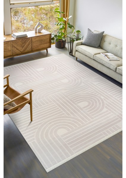 Akrilik Krem Iskandinav Desen Dokuma Halı Bohem Krem Yolluk Akrilik Halı