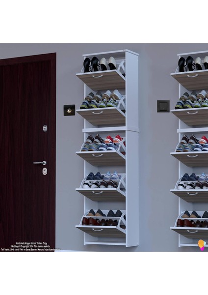 Ikra Meşe Renk Asma Ayakkabılık 52CM Kapı Önü 5 Düşer Kapak 10 Bölmeli Ayakkabılık 52X194X26 cm