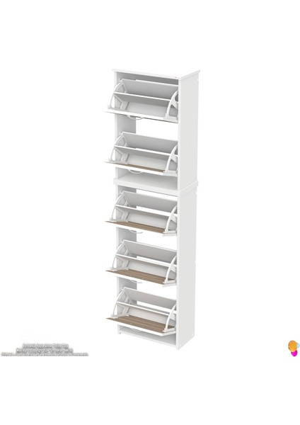 Ikra Meşe Renk Asma Ayakkabılık 52CM Kapı Önü 5 Düşer Kapak 10 Bölmeli Ayakkabılık 52X194X26 cm
