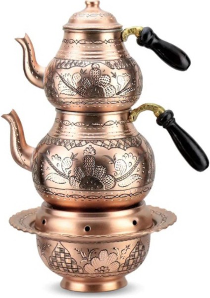 Ocaklı Bakır Çaydanlık - Büyük Boy -Isıtıcılı Bakır Çaydanlık- Jel Yakıtlı Bakır Çaydanlık