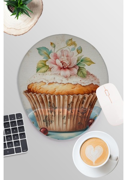 Vintage Muffin Baskılı Oyuncu Gaming Oval Bilek Destekli Mousepad