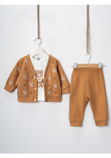 Baby Erkek Bebek 3'lü Selanik Kumaş Hırkalı Takım Ayıcık Hb Baskılı Sweatshirt Beli Lastikli Alt