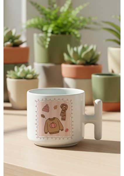 Sonbahar Temalı Kıyafetler Baskılı Hediyelik T Kulplu Latte Fincanı Kupa Bardak