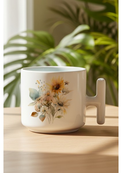 Ayçiçekleri Sonbahar Teması No:2 Baskılı Hediyelik T Kulplu Latte Fincanı Kupa Bardak