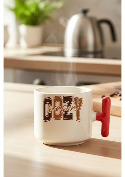 Sonbahar Teması Cozy Season Baskılı Kırmızı Renkli T Kulplu Latte Fincanı Kupa