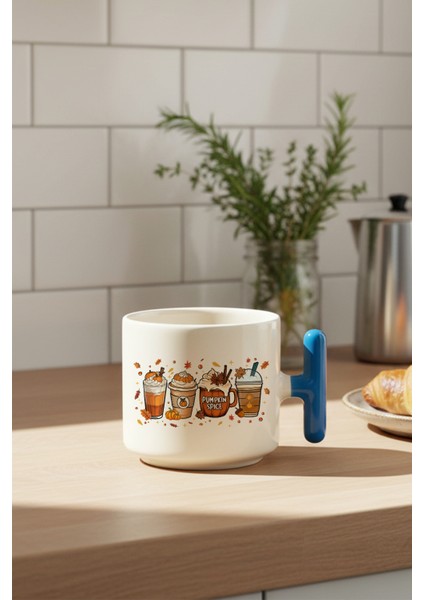 Sonbahar Temalı Kahveler No:1 Baskılı Mavi Renkli T Kulplu Latte Fincanı Kupa