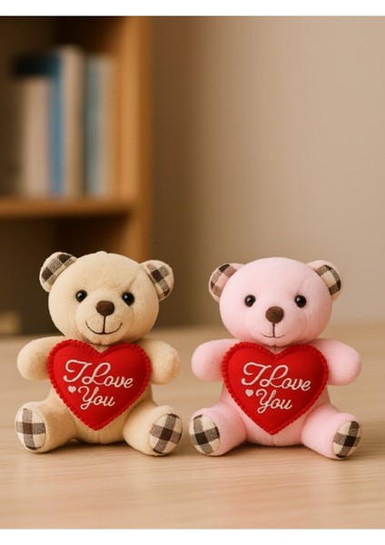 Sevgiliye Özel Günlere Hediye 2 Adet Sevimli Mini Peluş Ayıcık Kalpli 'ı Love You' Mesajlı 11X9 cm