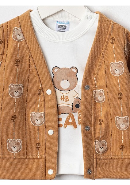 Baby Erkek Bebek 3'lü Selanik Kumaş Hırkalı Takım Ayıcık Hb Baskılı Sweatshirt Beli Lastikli Alt fiyatları