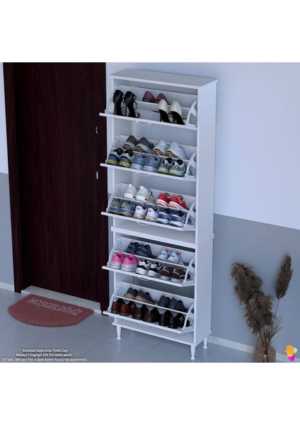 Asil 2 Li Beyaz Renk Kapı Önü Ayakkabılık 5 Düşer Kapak 10 Göz Bölme Ayakkabılık 72X205X26 cm