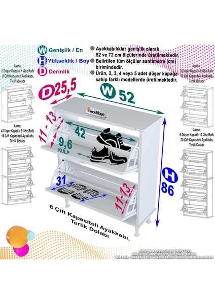 Asaf Antre Ayakkabılık Beyaz Renk 52 cm 2 Düşer Kapak 4 Göz Raf Bölmeli Ayakkabılık 52X86X25,5 cm fiyatları