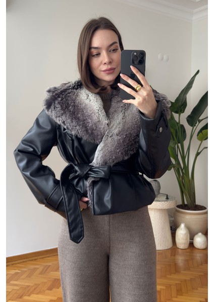 Kürklü Premium Deri Kısa Ceket- Siyah