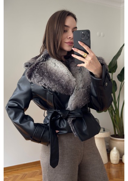 Kürklü Premium Deri Kısa Ceket- Siyah fiyatları