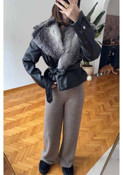 Kürklü Premium Deri Kısa Ceket- Siyah modelleri