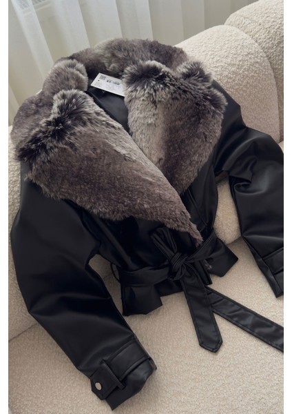 Kürklü Premium Deri Kısa Ceket- Siyah fırsatları