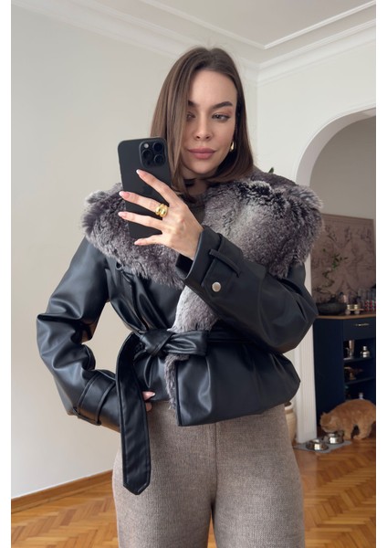 Kürklü Premium Deri Kısa Ceket- Siyah indirimleri
