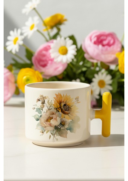 Ayçiçekleri Sonbahar Teması No:3 Baskılı Sarı Renkli T Kulplu Latte Fincanı Kupa