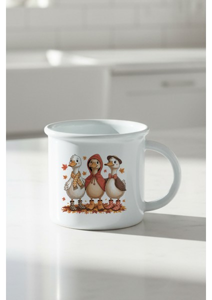 Sonbahar Temalı Sevimli Ördekler Baskılı Enamel Görünümlü Seramik Vintage Kupa Bardak