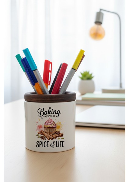 Baking Is The Spice Of Love Baskılı Seramik Kalemlik Masaüstü Düzenleyici