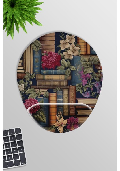 Çiçek ve Kitaplar No:1 Oyuncu Gaming Oval Bilek Destekli Mousepad