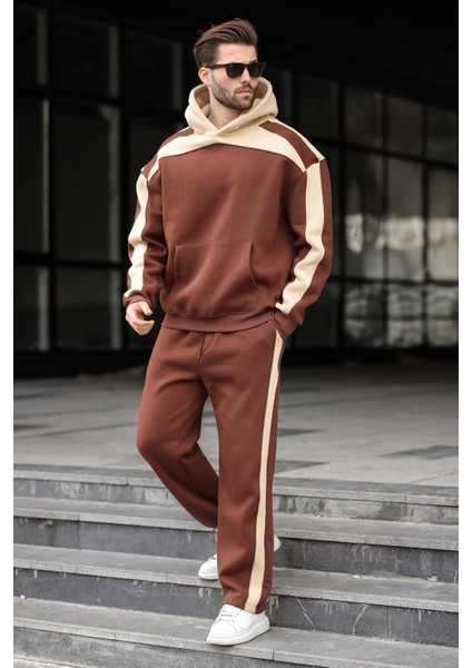 Acı Kahverengi Kapüşonlu Şerit Detaylı Erkek Eşofman Takımı E7326