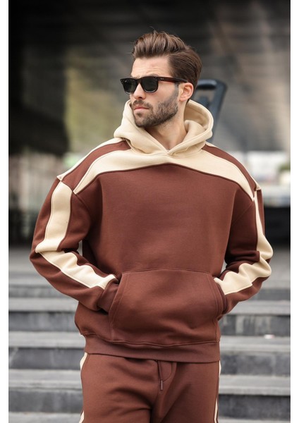 Acı Kahverengi Kapüşonlu Şerit Detaylı Erkek Eşofman Takımı E7326 fiyatları