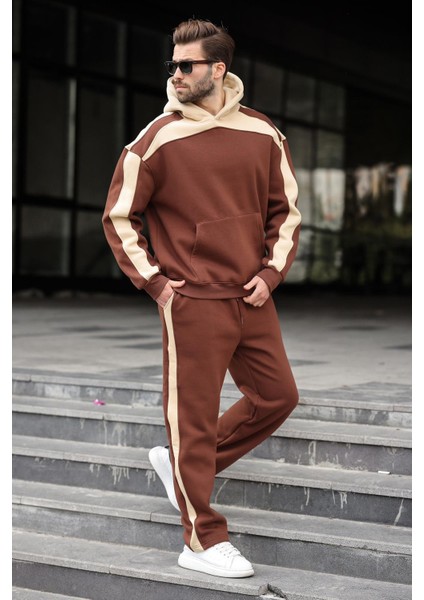 Acı Kahverengi Kapüşonlu Şerit Detaylı Erkek Eşofman Takımı E7326 modelleri