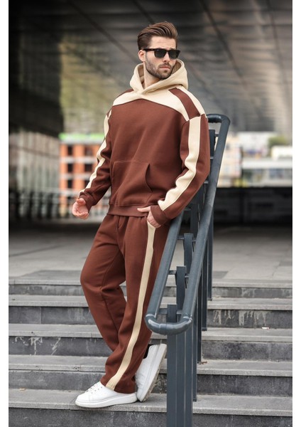Acı Kahverengi Kapüşonlu Şerit Detaylı Erkek Eşofman Takımı E7326 fırsatları