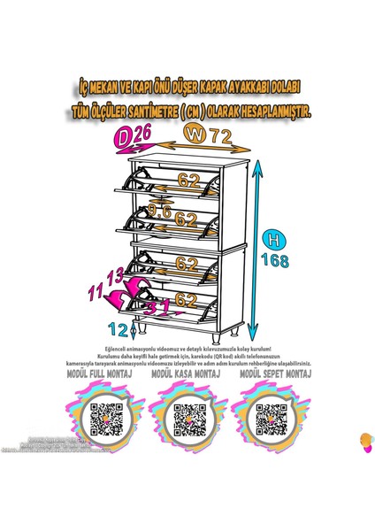 Asaf 2 Li Beyaz Renk Kapı Önü Ayakkabılık 4 Düşer Kapak 8 Göz Bölmeli Ayakkabılık 72X160X25,5 cm fiyatları