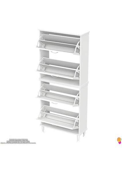 Asaf 2 Li Beyaz Renk Kapı Önü Ayakkabılık 4 Düşer Kapak 8 Göz Bölmeli Ayakkabılık 72X160X25,5 cm