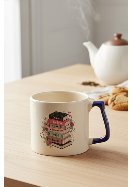 Renkli Kitaplar Baskılı Lacivert D Kulplu Kupa Bardak