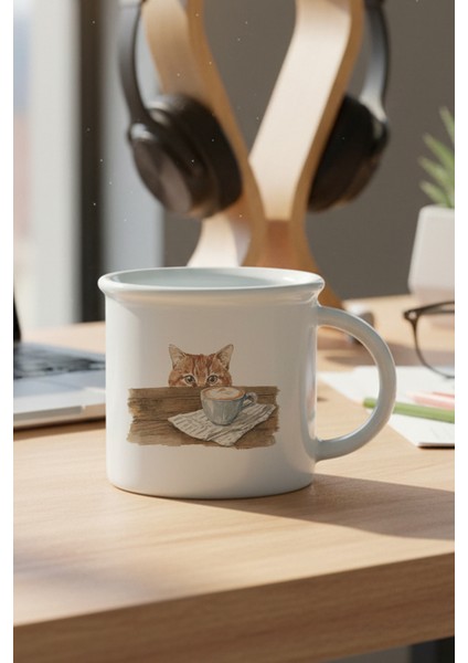 Sonbahar Temalı Sevimli Kedi No:1 Baskılı Enamel Görünümlü Seramik Vintage Kupa Bardak