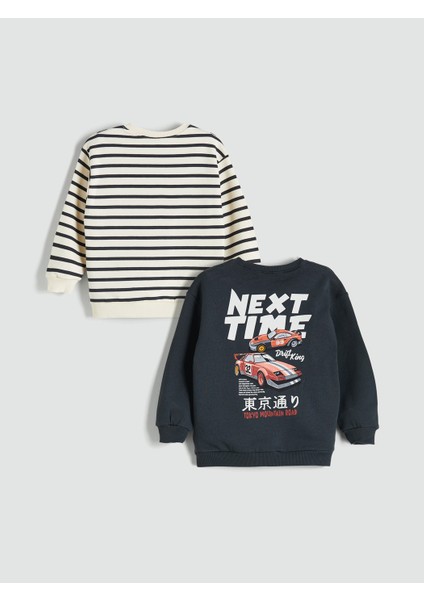 Yeni Sezon Bisiklet Yaka Baskılı Erkek Çocuk Sweatshirt 2'li