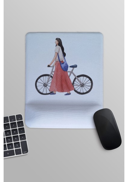 Bisikletli Kız Ilüstrasyon Baskılı Dikdörtgen Bilek Destekli Mousepad