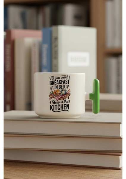 If You Want Breakfast Baskılı Yeşil Renkli T Kulplu Latte Fincanı Kupa