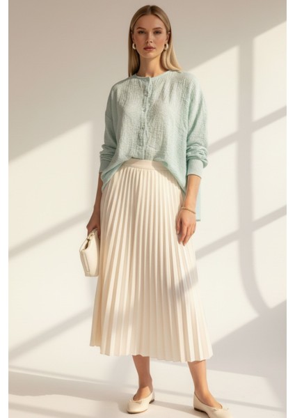 Kadın Müslin Kumaş Mint Yeşili Uzun Kollu Düğmeli Hakim Yaka Rahat Bluz, Kadın Gömlek