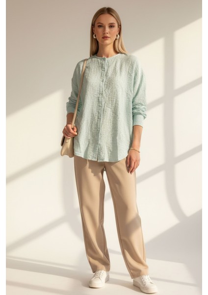 Kadın Müslin Kumaş Mint Yeşili Uzun Kollu Düğmeli Hakim Yaka Rahat Bluz, Kadın Gömlek fiyatları