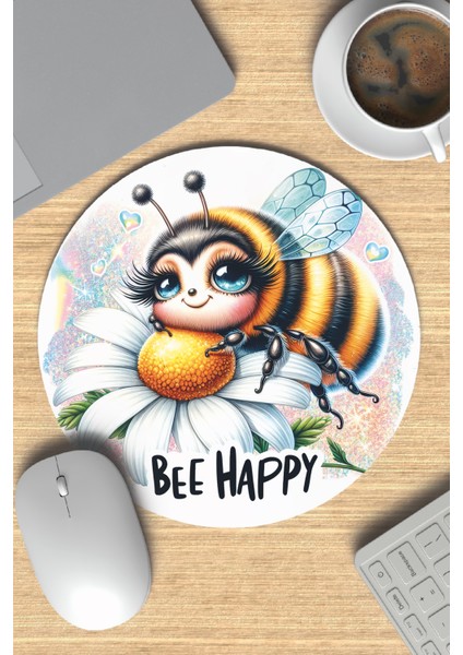 Bee Happy Sevimli Arı Baskılı Yuvarlak Gaming Mousepad