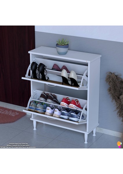 Asaf Meşe Renk 72 cm Asma Ayakkabılık Kapı Önü 2 Düşer Kapak 4 Göz Bölmeli Ayakkabılık 72X90X25,5 cm