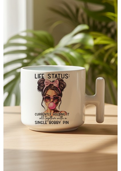 Life Status Baskılı Hediyelik T Kulplu Latte Fincanı Kupa Bardak