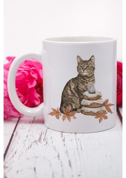Sonbahar Temalı Sevimli Kedi No:7 Baskılı Hediyelik Kupa Bardak