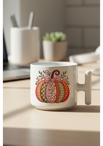 Desenli Balkabağı Baskılı Hediyelik T Kulplu Latte Fincanı Kupa Bardak