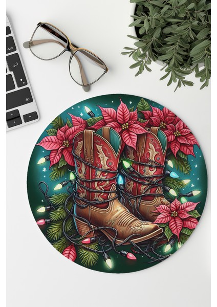 Yılbaşı Temalı Çiçek Baskılı Yuvarlak Gaming Mousepad