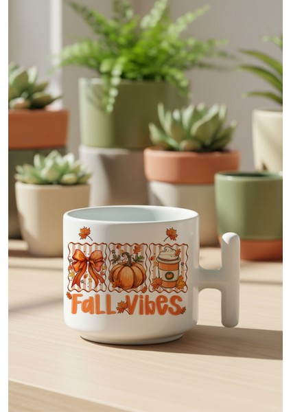 Hello Fall Vibes Baskılı Hediyelik T Kulplu Latte Fincanı Kupa Bardak